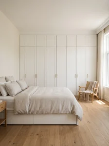 IKEA PAX wardrobe with filler panels and crown molding for a seamless built-in closet appearance.