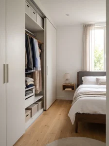 IKEA PAX sliding-door wardrobe designed to save space in a narrow bedroom or compact dressing area.