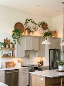 Decorated space above kitchen cabinets with baskets, jars, greenery, and warm lighting