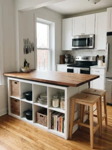 KALLAX kitchen island with butcher block countertop and storage