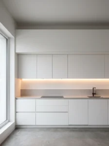 Minimalist kitchen with intentional empty space above clean cabinets