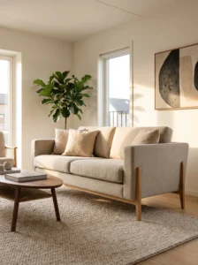 IKEA sofa makeover with tapered natural oak legs that create a lighter mid-century modern look.