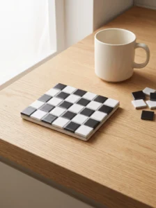 Classic black-and-white checkerboard square mosaic coaster made with evenly spaced ceramic tiles.