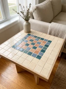 Cream square mosaic tabletop with a symmetrical central medallion of teal, blue, and terracotta tiles.