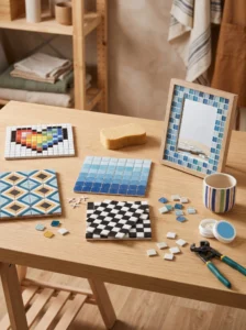15 easy square mosaic patterns for beginners featuring checkerboard tiles, colorful geometric designs, and handmade mosaic décor.