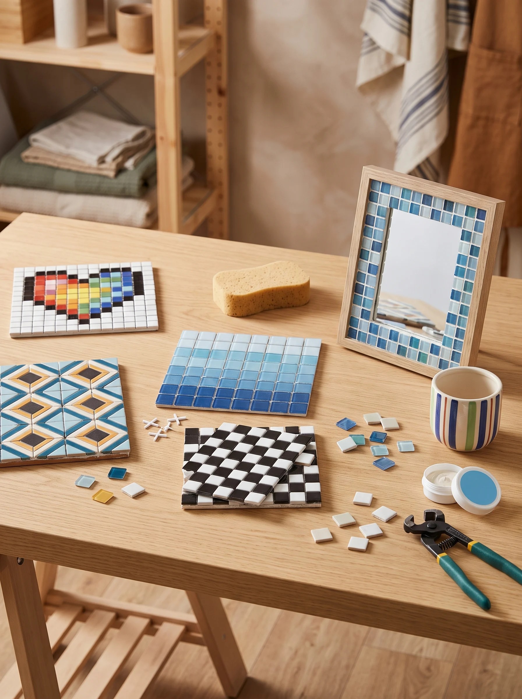 15 easy square mosaic patterns for beginners featuring checkerboard tiles, colorful geometric designs, and handmade mosaic décor.