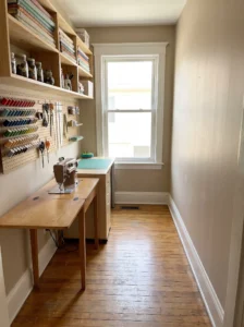 Single-wall galley layout for a compact sewing room