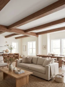 Medium walnut faux box beams crossing a flat white ceiling in an open-plan living room.