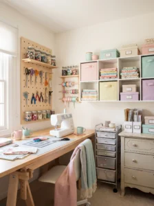 14 craft room organization ideas featuring pegboards, rolling carts, labeled bins, ribbon storage, and budget-friendly furniture.