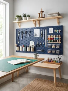 IKEA SKÅDIS pegboard makeover painted navy blue and organized with hooks, craft supplies, and wooden shelves.