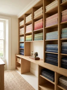 Floor-to-ceiling built-in shelving organized with folded fabric in a sewing room