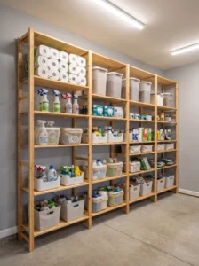 Sealed natural-pine IVAR-style garage shelving with organized pet food, cleaning supplies, paper towels, and household essentials.