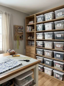 Open shelving with labeled project bins for organizing sewing projects