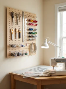 Pegboard tool wall displaying scissors, rulers, thread, and sewing supplies