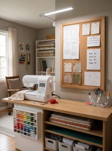 Pattern and pin board displaying sewing instructions, fabric swatches, and project notes