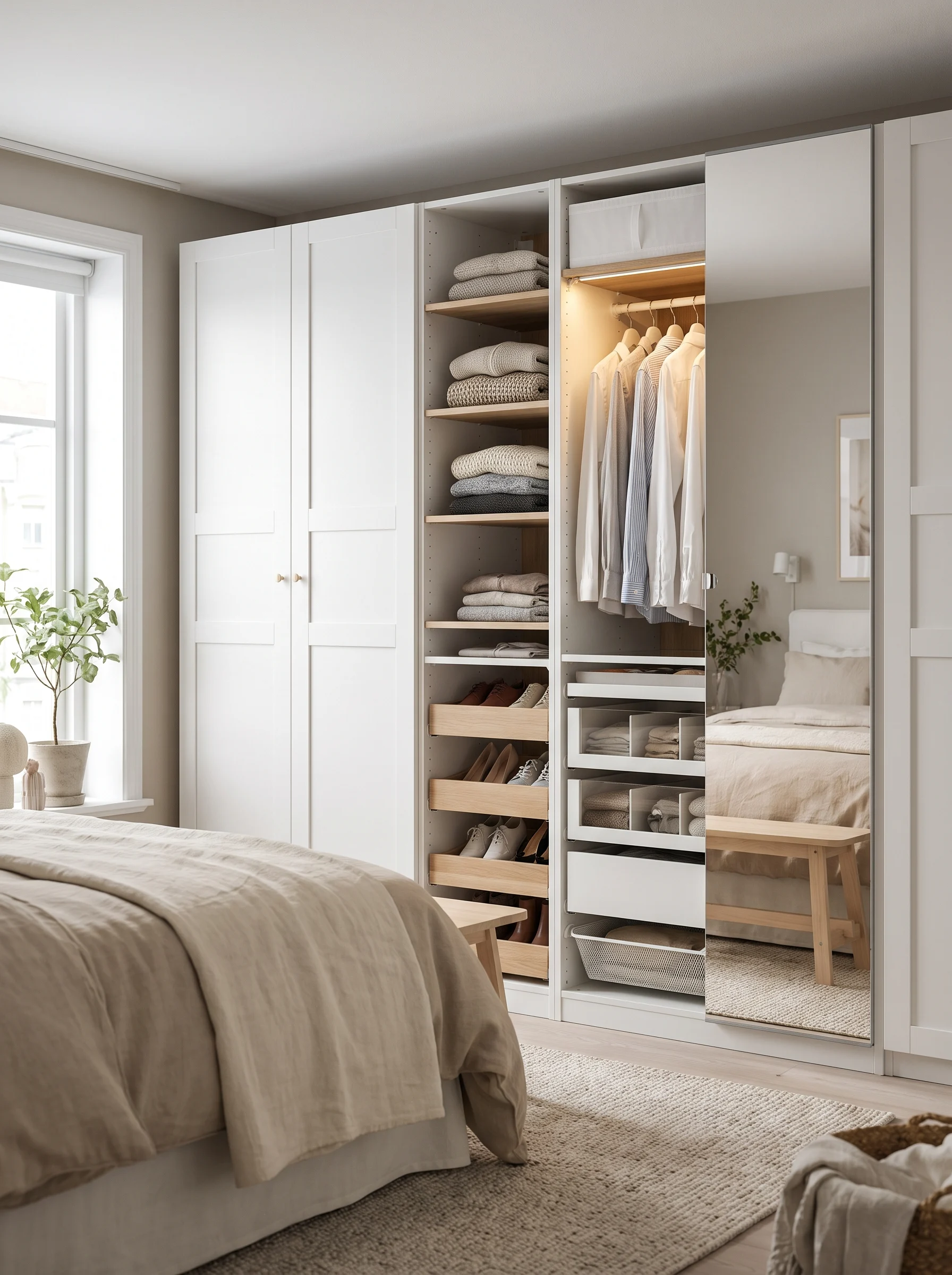 17 clever IKEA PAX ideas for an organized closet with stylish storage, drawers, shelves, lighting, and mirrored doors.