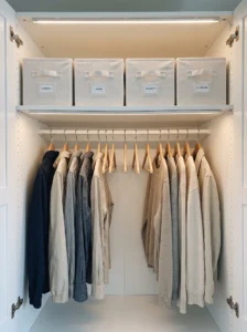 IKEA PAX top-shelf storage boxes organizing seasonal clothes, scarves, spare bedding, and off-season accessories.