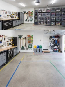 Organized garage divided into tool, gardening, sports equipment, seasonal storage, and recycling zones with a clear parking area.