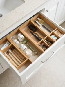 Open bathroom vanity drawer with bamboo dividers organizing skincare, toothbrushes, hair accessories, and daily grooming essentials.