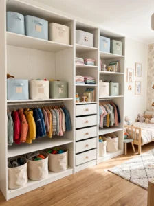 IKEA PAX kid-friendly closet with low hanging rails, accessible drawers, toys, and adjustable storage.