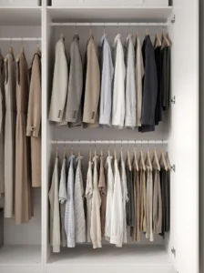 IKEA PAX double-hang rails organizing shirts, skirts, trousers, and everyday clothing on two levels.