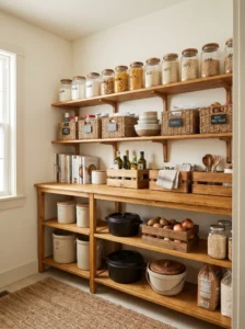 IVAR shelving converted into an organized open kitchen pantry