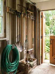 Garage garden-tool storage wall with hanging shovels, rakes, brooms, a coiled hose, and a bin for gardening supplies.