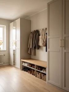 Shallow IKEA PAX wardrobes with a built-in entryway bench, shoe storage, coat hooks, and a full-length mirror.