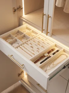 IKEA PAX jewelry tray with organized rings, earrings, watches, bracelets, and small valuables.