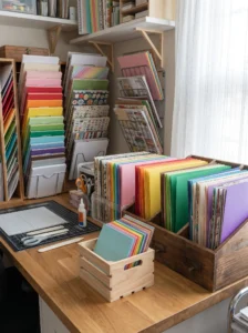Vertical paper storage using file sorters and divided holders for scrapbook paper, cardstock, and colorful craft sheets.