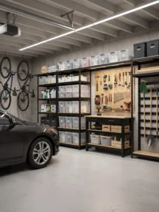 IKEA garage makeover with heavy-duty shelving, labeled storage bins, organized hand tools, a workbench, and space for a parked car.