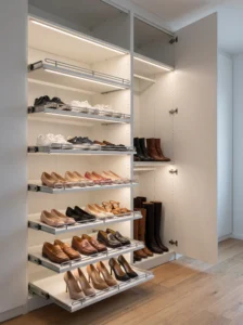 IKEA PAX pull-out shoe shelves displaying sneakers, flats, heels, and boots in an organized closet.