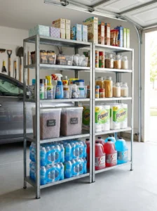 Galvanized HYLLIS-style garage shelving with bottled water, sealed pet food, paper goods, and organized bulk household supplies.