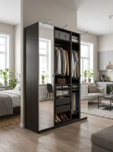 PAX wardrobe with mirrored doors used as a room divider