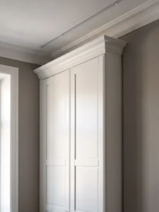 Tall IKEA PAX wardrobe with white crown molding closing the ceiling gap for a seamless built-in look.