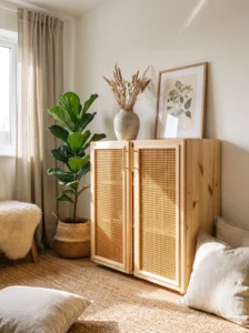 IKEA IVAR pine cabinet makeover featuring natural cane webbing doors and warm bohemian styling.