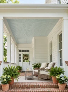 Pale haint-blue painted tongue-and-groove wood ceiling on a welcoming covered front porch.
