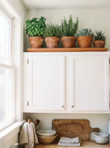 Mini herb and succulent garden arranged above kitchen cabinets