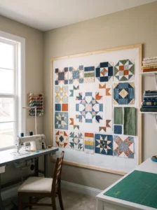 Sewing room design wall displaying quilt blocks and fabric pieces for pattern layout