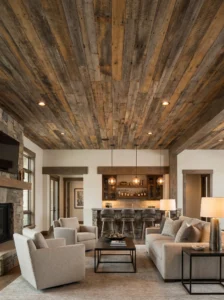 Reclaimed wood ceiling with weathered boards and varied natural tones in a rustic modern lounge.