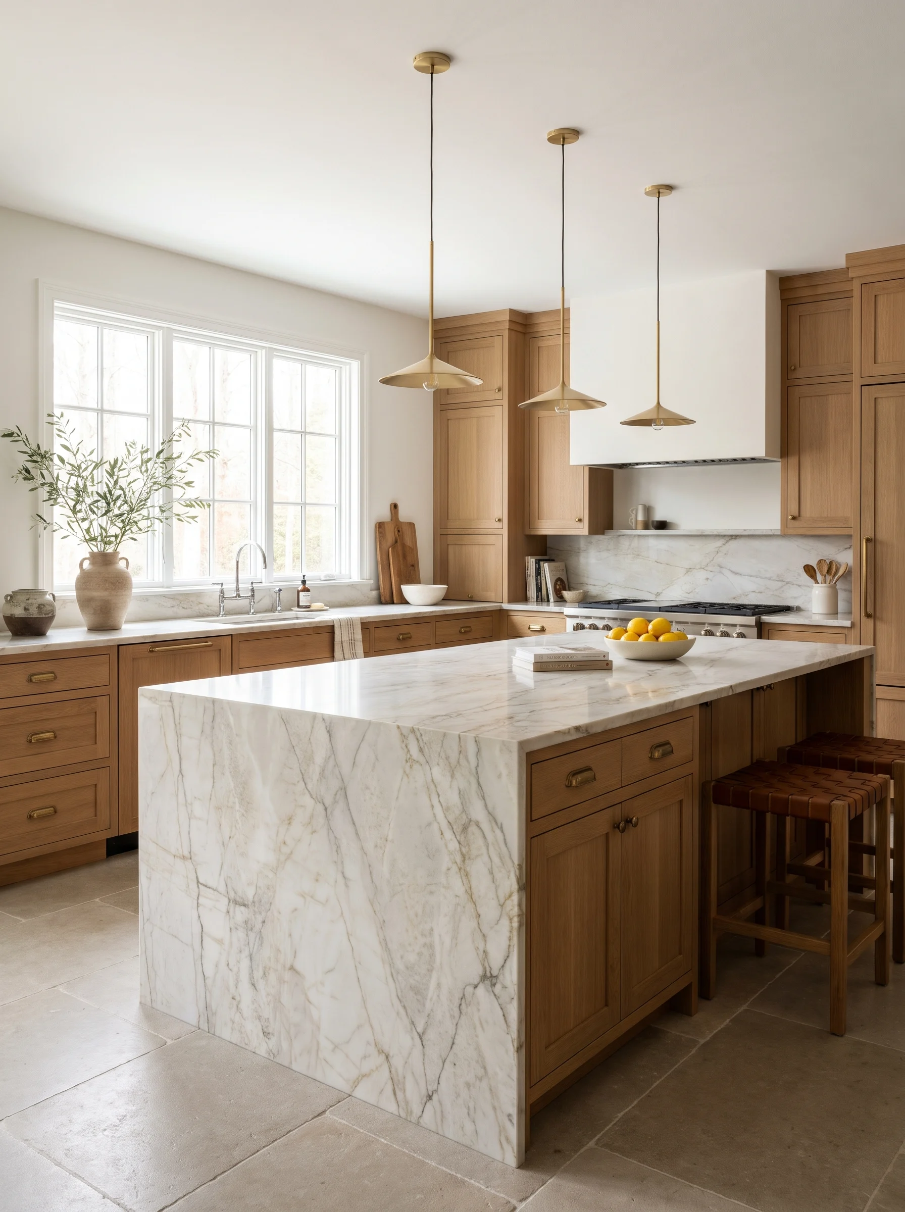 Elegant kitchen remodel featuring a natural quartzite countertop with soft gray veining, warm wood cabinets, and brass hardware.