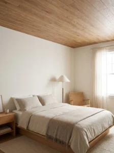 Peel-and-stick wood plank ceiling panels in a small rental room