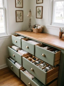 Repurposed thrifted dresser with organized drawers for fabric, paper, sewing supplies, and craft materials.