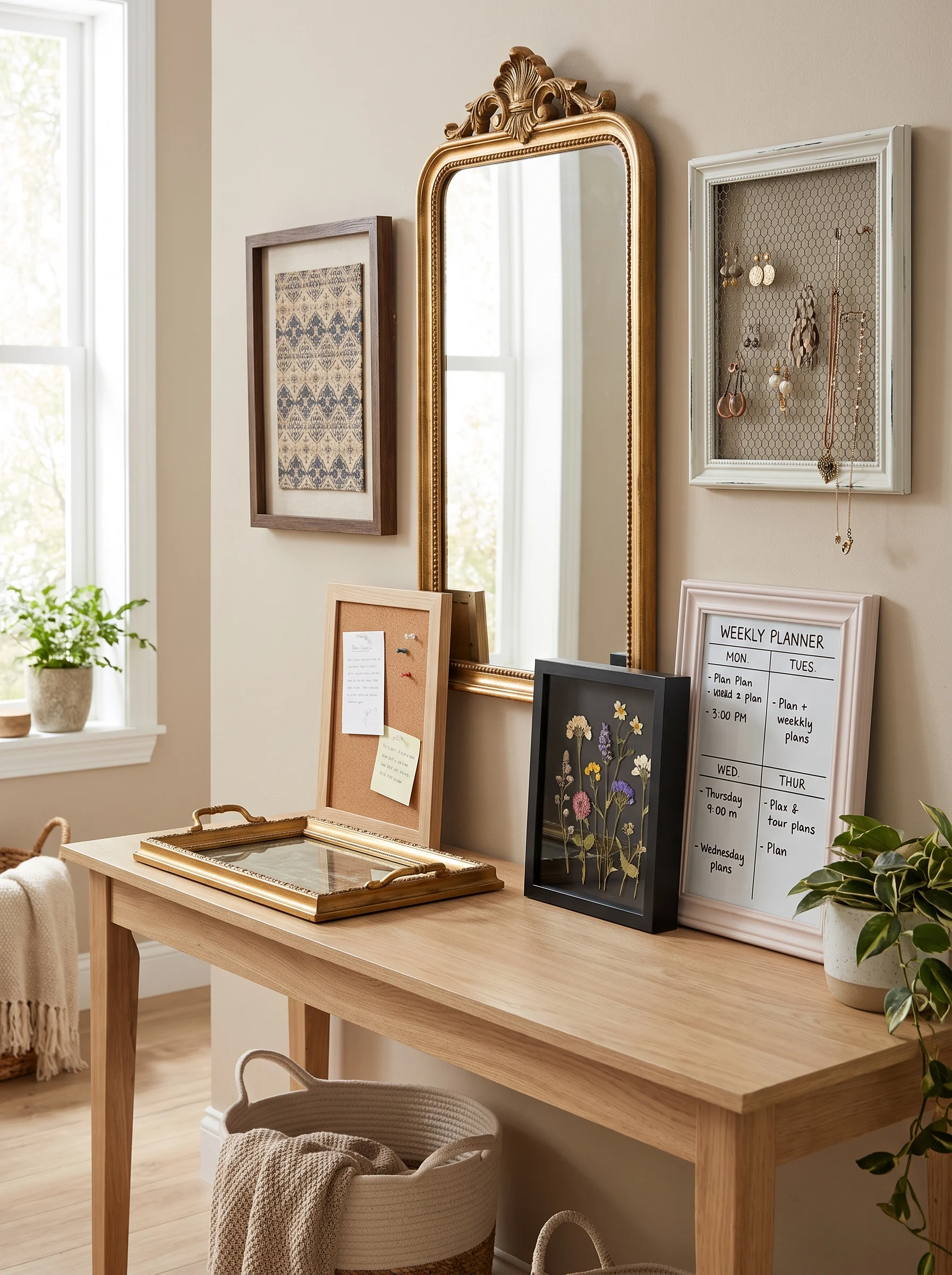 16 creative ways to turn old frames into new decor, including DIY wall art, mirrors, jewelry organizers, trays, and planners.