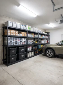 Heavy-duty black steel garage shelving with organized storage bins, power tool cases, paint cans, and household supplies.