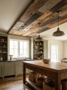 Reclaimed barn wood accent ceiling above a kitchen island