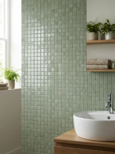 Sage-green square mosaic wall combining glossy, matte, and crackled tile finishes in a monochrome grid.