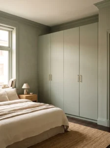 IKEA PAX wardrobe painted sage green to match the bedroom walls for a seamless, custom built-in effect.