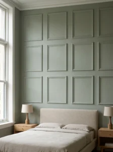 Empty picture frames painted sage green and arranged as decorative wall molding behind a bed.
