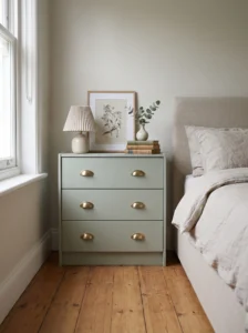 IKEA RAST pine chest makeover with sage-green paint, brass drawer pulls, and elegant bedroom styling.